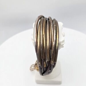 Vtg Multi-Strand Brown Leather Bracelet With Metal Tubes Classy FREE $HIP!